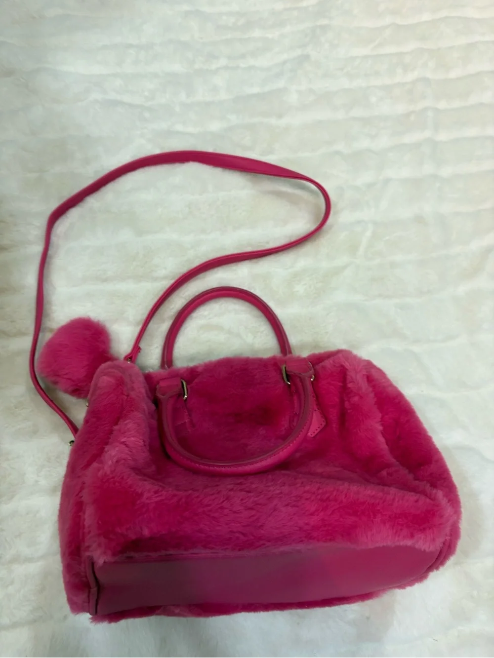 Juicy Couture Hot Pink Faux-Fur Satchel with Pom Charm